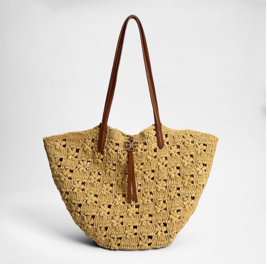 LAYLA FLORAL RAFFIA FAN TOTE