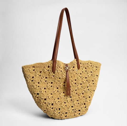 LAYLA FLORAL RAFFIA FAN TOTE